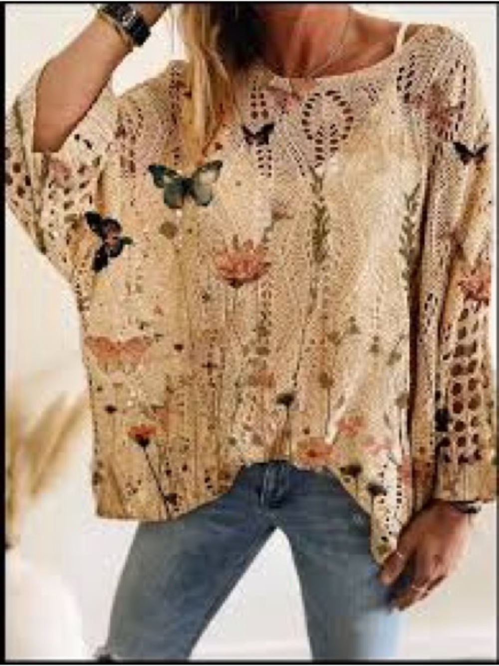Boho Butterfly Crochet Knit Sweater - Beige
